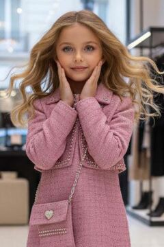 Kız Çocuk Yaka ve Kenarlar Boncuk ve Taş İşleme Ceket Etek Ucu Tüylü Kolsuz Pembe Şanel Elbise