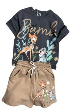 Kız Çocuk Ceylan ve Tavşan Figürlü Bej Şortlu Takım