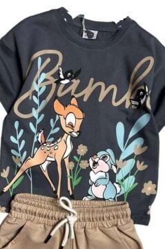 Kız Çocuk Ceylan ve Tavşan Figürlü Bej Şortlu Takım