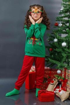 Kız Erkek Merry Christmas ve Geyik Baskılı Yeni Yıl Yeşil Eşofman Takım