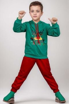 Kız Erkek Merry Christmas ve Geyik Baskılı Yeni Yıl Yeşil Eşofman Takım