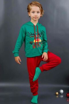 Kız Erkek Merry Christmas ve Geyik Baskılı Yeni Yıl Yeşil Eşofman Takım