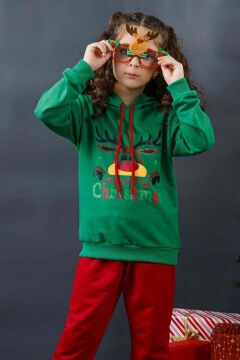 Kız Erkek Merry Christmas ve Geyik Baskılı Yeni Yıl Yeşil Eşofman Takım