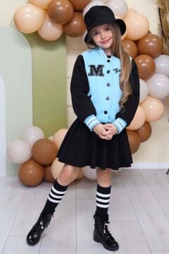 Kız Çocuk Düğme Detaylı Pamuklu Mavi Kolej Ceket Kadife Etekli Takım