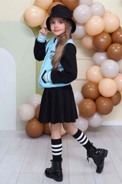 Kız Çocuk Düğme Detaylı Pamuklu Mavi Kolej Ceket Kadife Etekli Takım