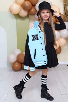 Kız Çocuk Düğme Detaylı Pamuklu Mavi Kolej Ceket Kadife Etekli Takım