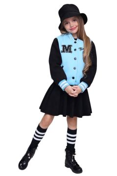 Kız Çocuk Düğme Detaylı Pamuklu Mavi Kolej Ceket Kadife Etekli Takım