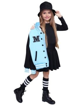 Kız Çocuk Düğme Detaylı Pamuklu Mavi Kolej Ceket Kadife Etekli Takım