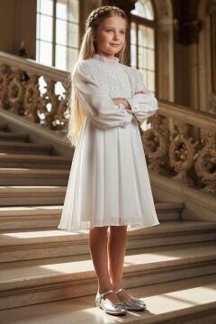 Kız Çocuk Yakası Fırfırlı ve Elmas Taştan Şal Detaylı Pliseli Şifon Beyaz Elbise