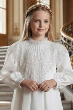 Kız Çocuk Yakası Fırfırlı ve Elmas Taştan Şal Detaylı Pliseli Şifon Beyaz Elbise