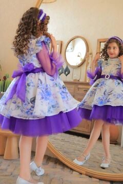 Kız Çocuk Üzeri Çiçek Desenli Omuzu ve Kolları Fırfır Detaylı Taş İşlemeli Mor Elbise
