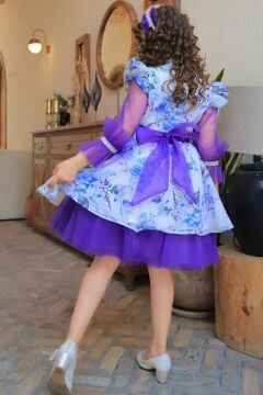 Kız Çocuk Üzeri Çiçek Desenli Omuzu ve Kolları Fırfır Detaylı Taş İşlemeli Mor Elbise