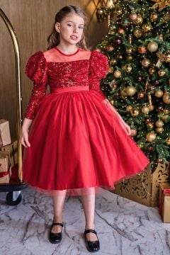Kız Çocuk Kayık Yaka Şeffaf Tül ve Göğsü Kadife Pul Detaylı Eteği Kabarık Balon Kol Kırmızı Abiye