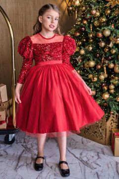 Kız Çocuk Kayık Yaka Şeffaf Tül ve Göğsü Kadife Pul Detaylı Eteği Kabarık Balon Kol Kırmızı Abiye