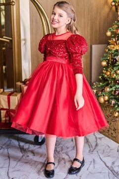 Kız Çocuk Kayık Yaka Şeffaf Tül ve Göğsü Kadife Pul Detaylı Eteği Kabarık Balon Kol Kırmızı Abiye