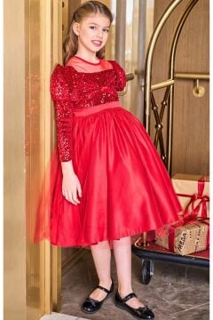 Kız Çocuk Kayık Yaka Şeffaf Tül ve Göğsü Kadife Pul Detaylı Eteği Kabarık Balon Kol Kırmızı Abiye