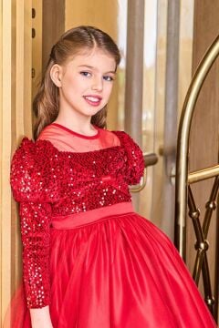 Kız Çocuk Kayık Yaka Şeffaf Tül ve Göğsü Kadife Pul Detaylı Eteği Kabarık Balon Kol Kırmızı Abiye