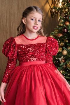 Kız Çocuk Kayık Yaka Şeffaf Tül ve Göğsü Kadife Pul Detaylı Eteği Kabarık Balon Kol Kırmızı Abiye