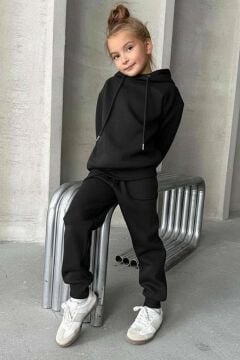 Kız Çocuk Şardonlu İp Detaylı Sweatshirt Pamuklu Siyah Eşofman Takım