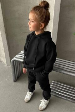 Kız Çocuk Şardonlu İp Detaylı Sweatshirt Pamuklu Siyah Eşofman Takım