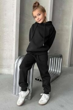 Kız Çocuk Şardonlu İp Detaylı Sweatshirt Pamuklu Siyah Eşofman Takım