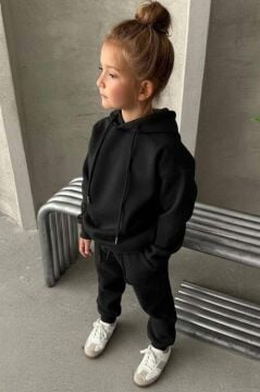 Kız Çocuk Şardonlu İp Detaylı Sweatshirt Pamuklu Siyah Eşofman Takım