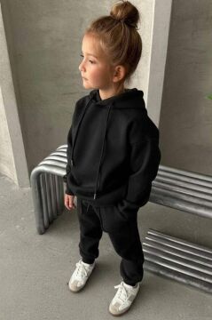 Kız Çocuk Şardonlu İp Detaylı Sweatshirt Pamuklu Siyah Eşofman Takım