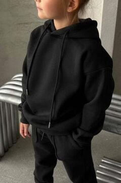 Kız Çocuk Şardonlu İp Detaylı Sweatshirt Pamuklu Siyah Eşofman Takım