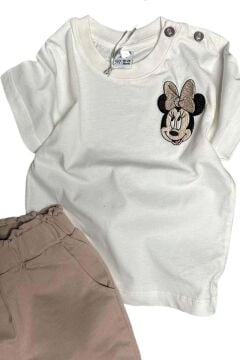 Kız Bebek Ördek İşlemeli Yazı Detaylı Kahverengi Şortlu Takım