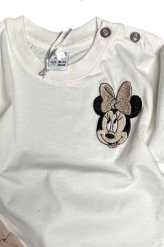 Kız Bebek Ördek İşlemeli Yazı Detaylı Kahverengi Şortlu Takım