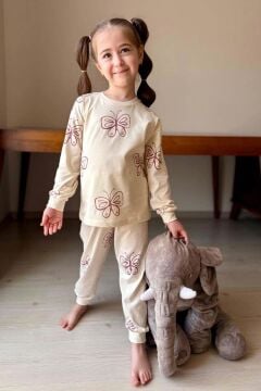 Kız Çocuk Bilekleri Manşetli Kelebek Desenli Krem Pijama Takımı