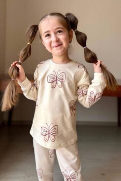 Kız Çocuk Bilekleri Manşetli Kelebek Desenli Krem Pijama Takımı
