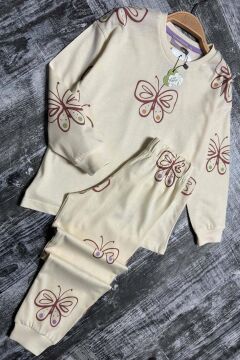 Kız Çocuk Bilekleri Manşetli Kelebek Desenli Krem Pijama Takımı