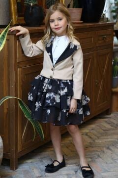 Kız Çocuk Çiçek Desenli KatKat, Atlas Kumaş Etek Bej Ceket Etekli Takım