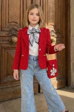 Kız Çocuk Fularlı Şifon Gömlek, Şanel Kırmızı Ceket ve Taş Detaylı Bol Kesim Pantolon Alt Üst Takım