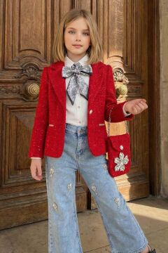 Kız Çocuk Fularlı Şifon Gömlek, Şanel Kırmızı Ceket ve Taş Detaylı Bol Kesim Pantolon Alt Üst Takım
