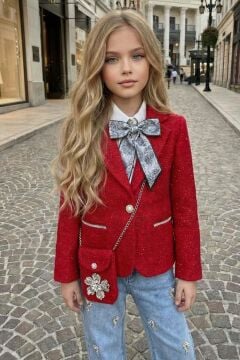 Kız Çocuk Fularlı Şifon Gömlek, Şanel Kırmızı Ceket ve Taş Detaylı Bol Kesim Pantolon Alt Üst Takım