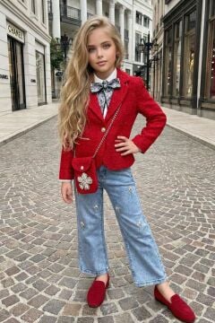 Kız Çocuk Fularlı Şifon Gömlek, Şanel Kırmızı Ceket ve Taş Detaylı Bol Kesim Pantolon Alt Üst Takım