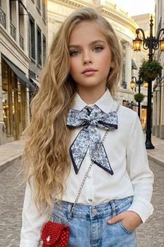 Kız Çocuk Fularlı Şifon Gömlek, Şanel Kırmızı Ceket ve Taş Detaylı Bol Kesim Pantolon Alt Üst Takım