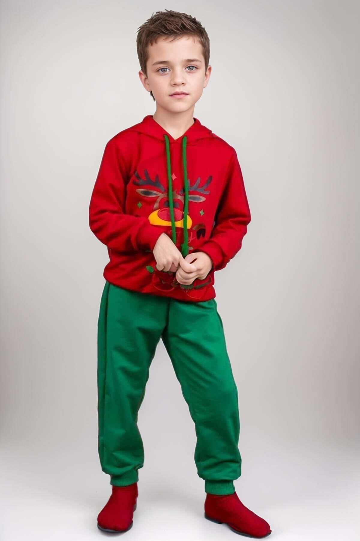 Kız Erkek Merry Christmas ve Geyik Baskılı Yeni Yıl Kırmızı Eşofman Takım