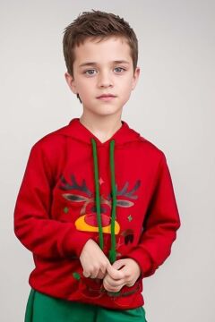 Kız Erkek Merry Christmas ve Geyik Baskılı Yeni Yıl Kırmızı Eşofman Takım