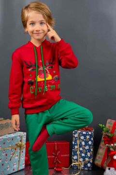Kız Erkek Merry Christmas ve Geyik Baskılı Yeni Yıl Kırmızı Eşofman Takım