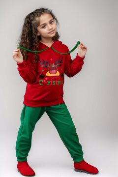 Kız Erkek Merry Christmas ve Geyik Baskılı Yeni Yıl Kırmızı Eşofman Takım