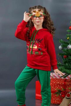 Kız Erkek Merry Christmas ve Geyik Baskılı Yeni Yıl Kırmızı Eşofman Takım