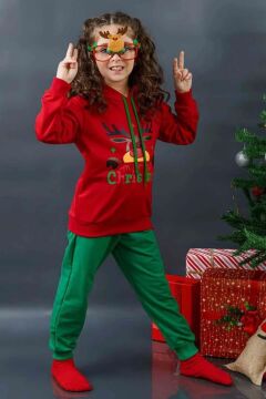 Kız Erkek Merry Christmas ve Geyik Baskılı Yeni Yıl Kırmızı Eşofman Takım