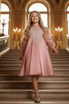 Kız Çocuk Yakası Fırfırlı ve Elmas Taştan Şal Detaylı Pliseli Şifon Gül Kurusu Elbise