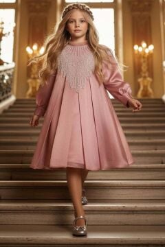 Kız Çocuk Yakası Fırfırlı ve Elmas Taştan Şal Detaylı Pliseli Şifon Gül Kurusu Elbise