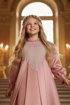 Kız Çocuk Yakası Fırfırlı ve Elmas Taştan Şal Detaylı Pliseli Şifon Gül Kurusu Elbise