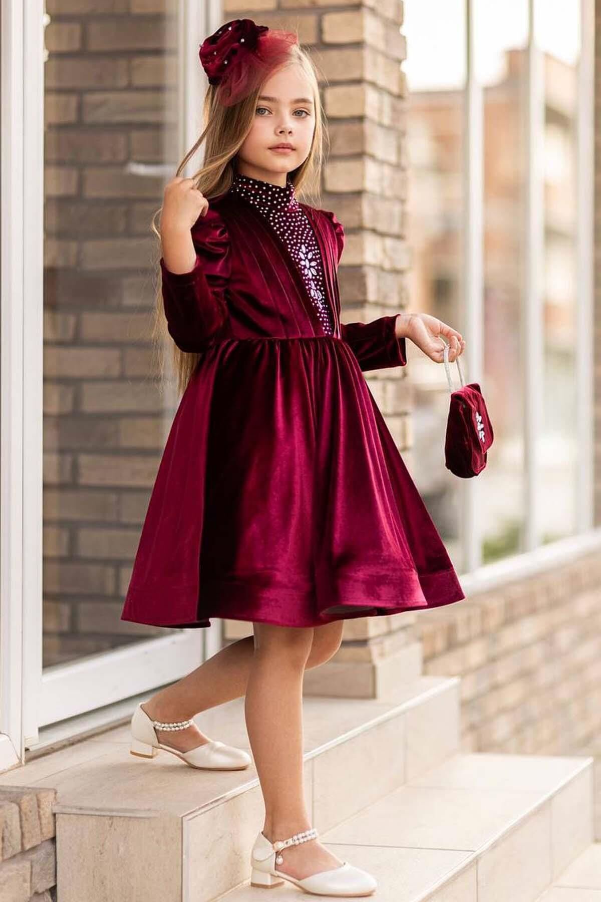 Kız Çocuk Üzeri Çiçek Taş İşlemeli Boğazlı Yaka Bordo Kadife Abiye