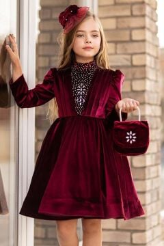 Kız Çocuk Üzeri Çiçek Taş İşlemeli Boğazlı Yaka Bordo Kadife Abiye